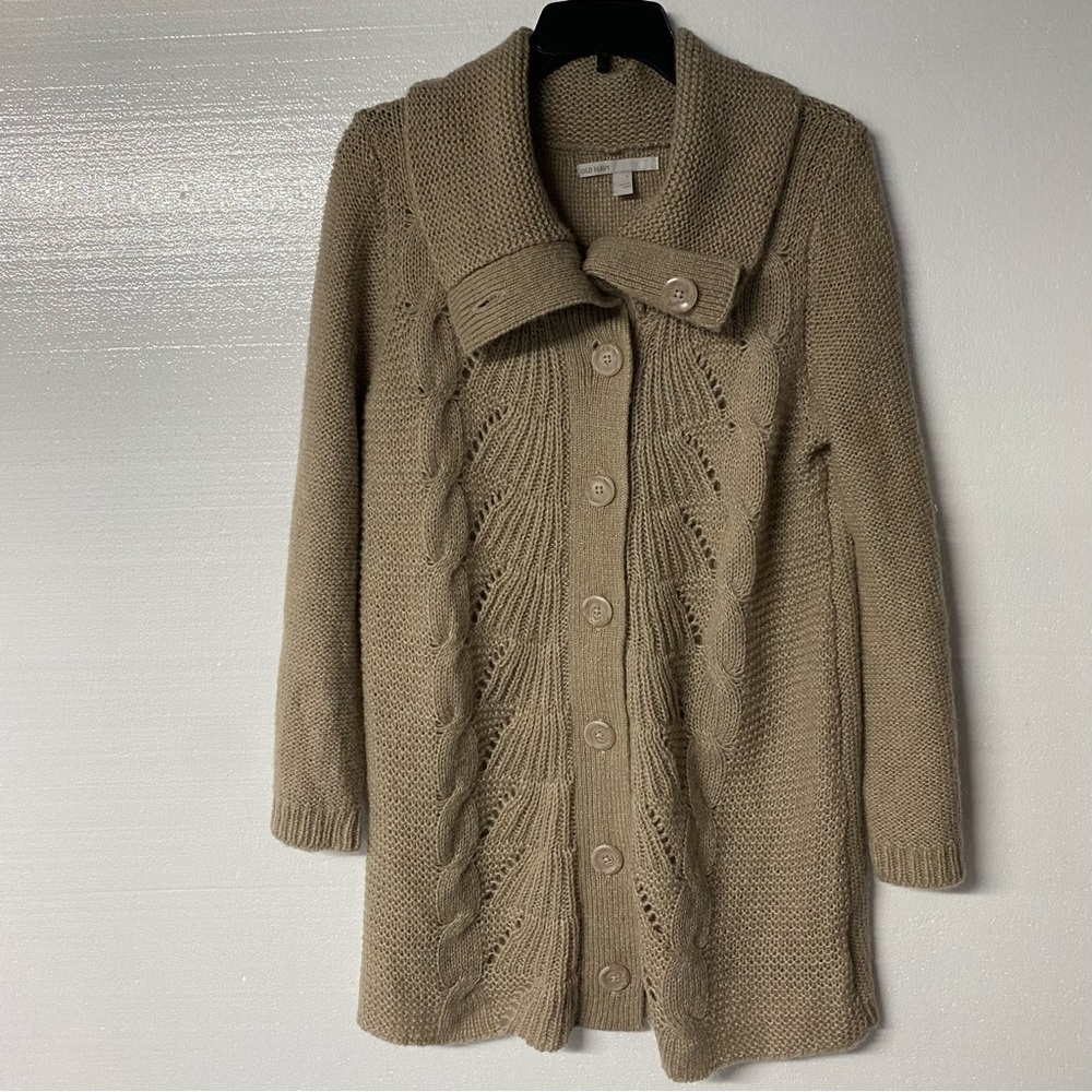 Old Navy Sweater Women Tan L Mock Neck Button Front Cable Long Wool Mohair Nylon